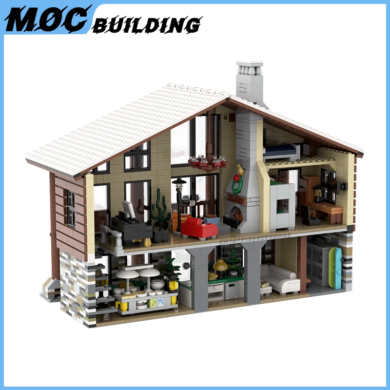 シティストリートビューのmoc-ビルディングブロック、モジュラーホテル、DIY組み立てレンガ、冬の村、スキーラップ、クリスマスギフトとしてのおもちゃ