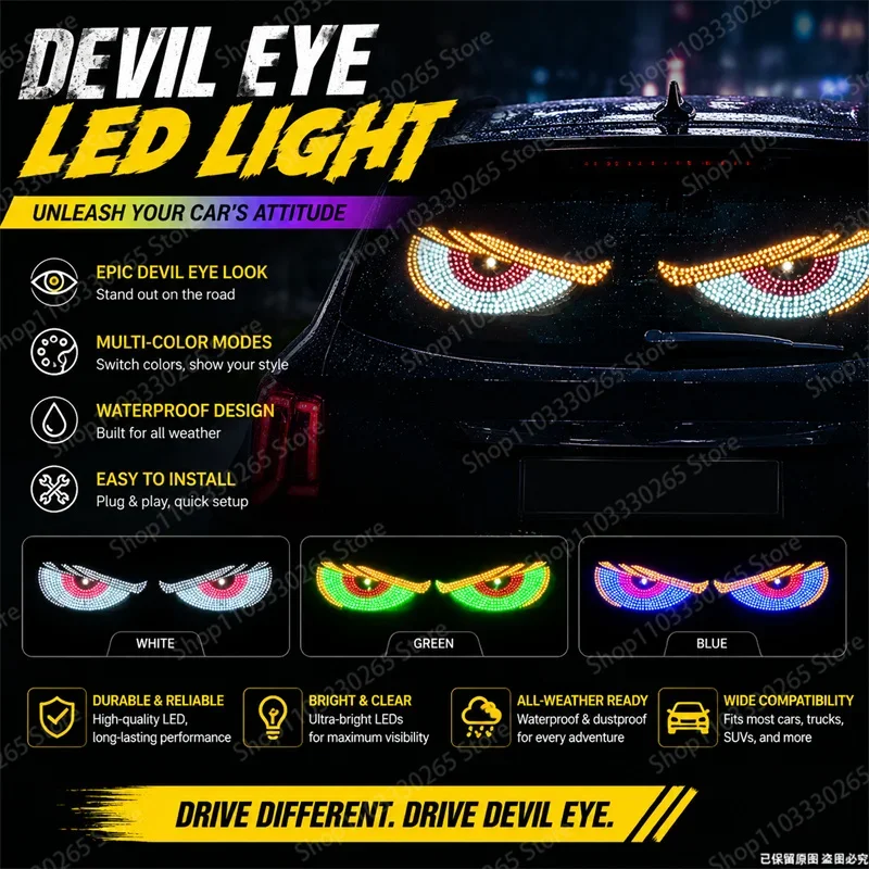 Multi Color Devil Eye LED Car Display Light Windshield Rear Window Decor Atmosphere Lamp Accessory