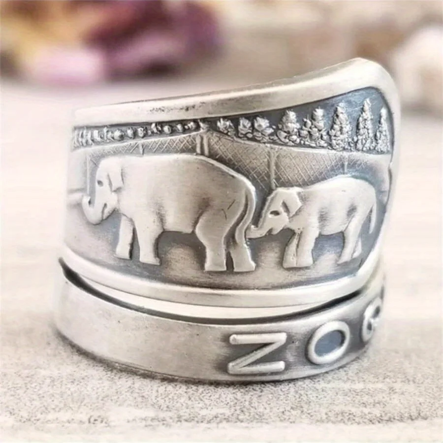 Elephant Ring, Silvery Color Spoon Ring,Portland Oregon Souvenir Spoon, Antique Elephant Family Ring for Women