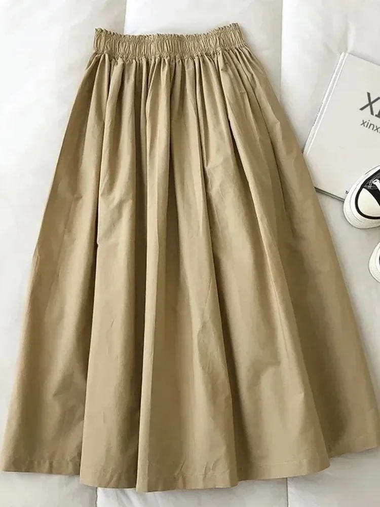 Casual Vintage for Women Pleated 2024 Skirt Ladie Solid Color Fashion Pockets Midi High Waist A Line Woman Elastic Waist Skirts