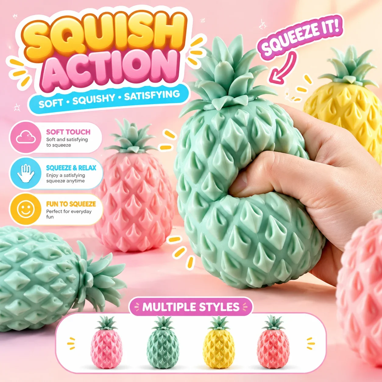 Realistic Pineapple Squeeze Toy Stress Relief Squishy Pop Beads Fidget Toy Vent Anxiety Relief for Kids Adults Gifts