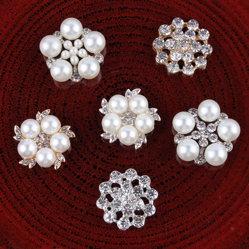 120PCS mix styles Vintage Handmade Flower Rhinestone Buttons Bling Flatback Crystal Pearl Decorative Center