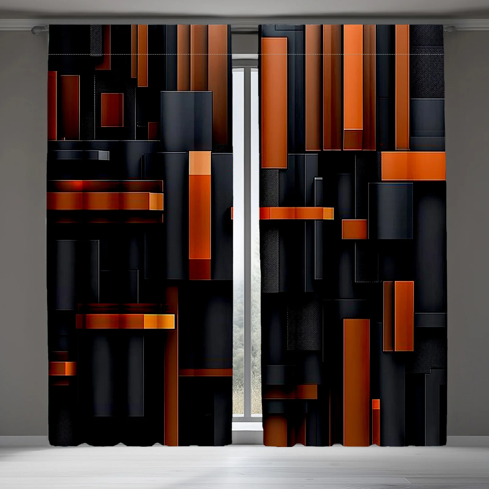 Black Orange Geometric Curtains Modern Abstract Drape with Block Pattern for Living Room Bedroom Window Treatment Home Decor