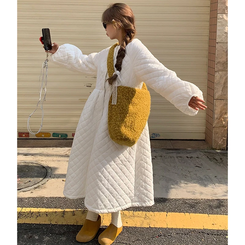 Fashion Diamond Quilted Long Coats Women Casual Loose O Neck Puff Sleeve Parkas Fall Winter Sweet Chic A Line Warm Outwear New