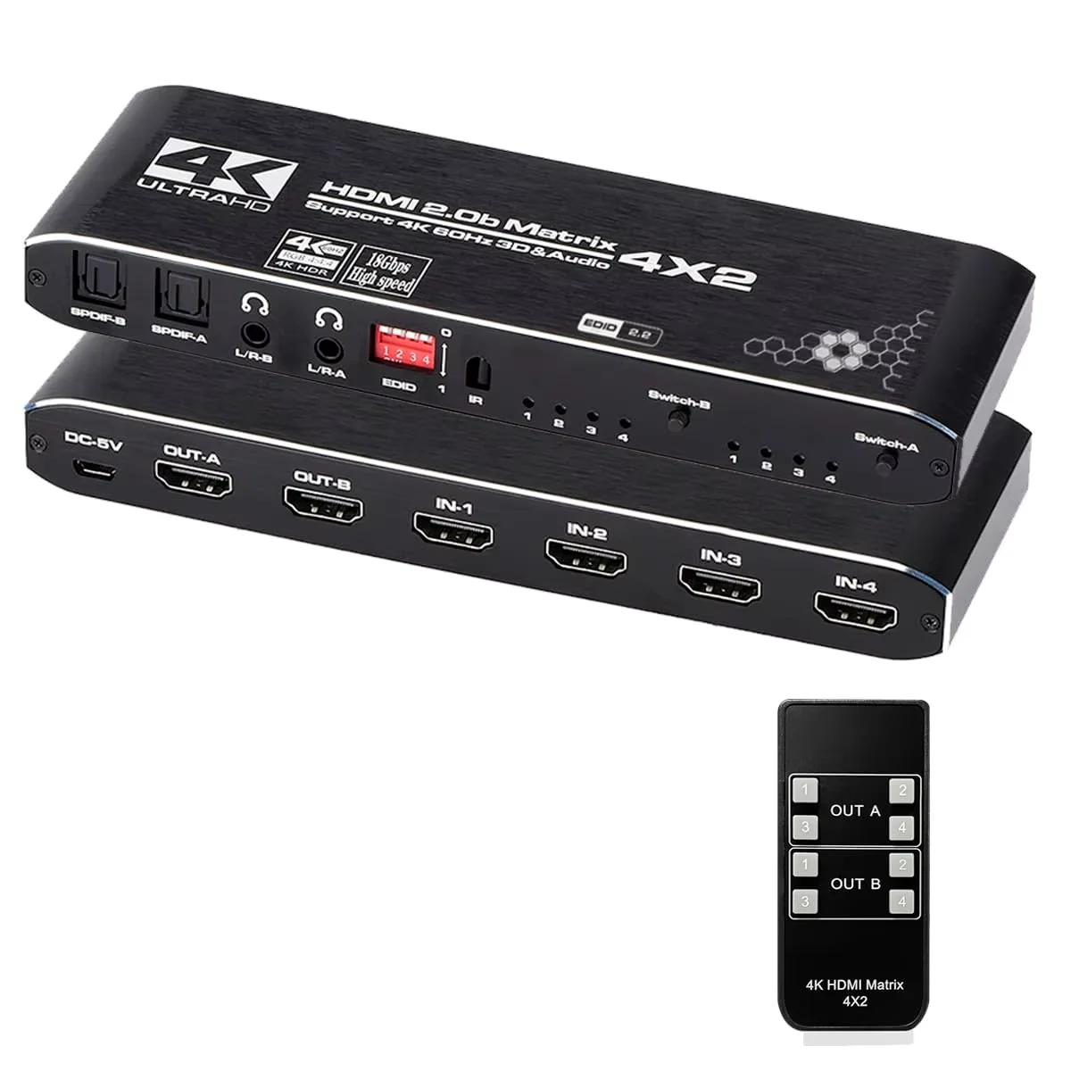 HDMI Matrix 4x2 Switch 4K 60Hz Dual HDMI Audio Extractor SPDIF Stereo 4 In 2 Out Switcher EDID Emulator Control for PS5/PC/TV