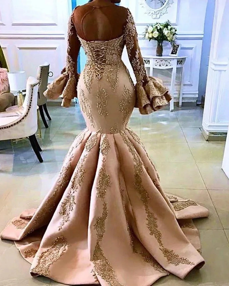 Blush Prom Dresses Mermaid Long Sleeves With Gold Lace Applique Beaded Ruched Custom Made Evening Gown Formal Ocn Wear Vestidos