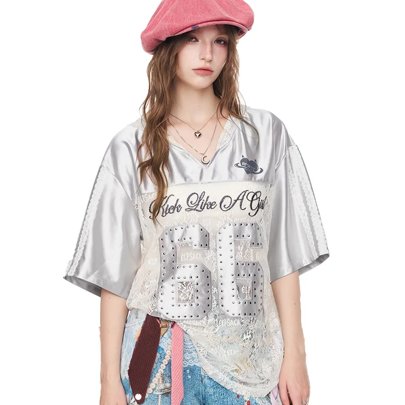 ELFSACK Lace Hooded Jersey T-shirt, Sporty Number 66 Print Top, Casual Short Sleeve Loose Tee for Women image 3