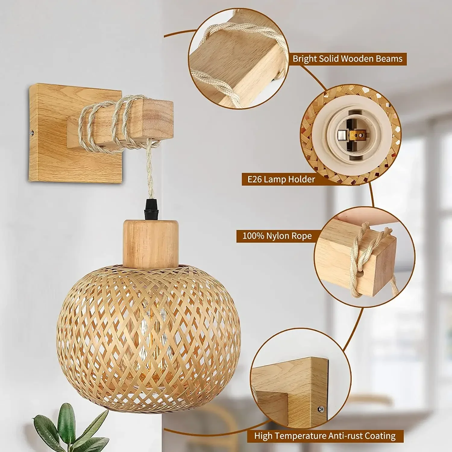 Lámpara de pared de bambú tejida a mano para decoración de habitación, accesorios de iluminación, farol de bambú, lámpara de pared de mimbre Natural, candelabros de pared E27