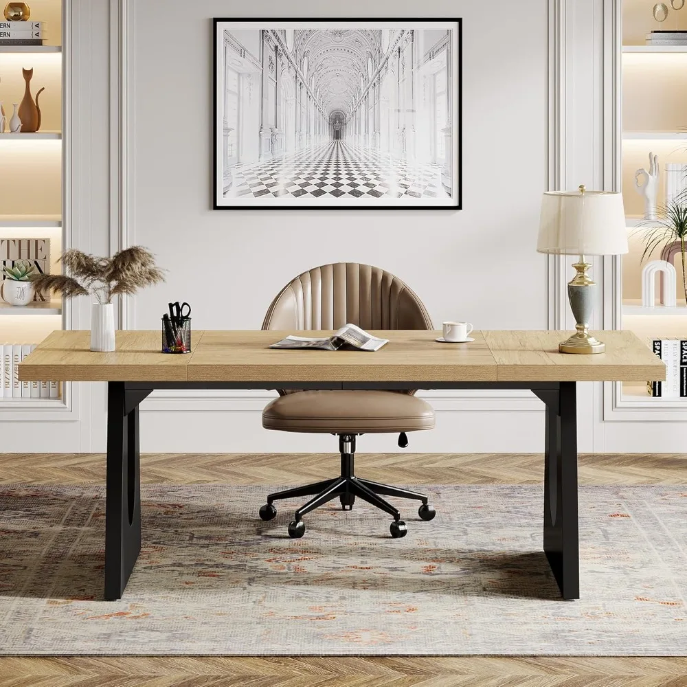 

70.86 Inches, Office Desk, Large Computer Desk, Double Wooden Base, Modern Minimalist Style Rectangular Font