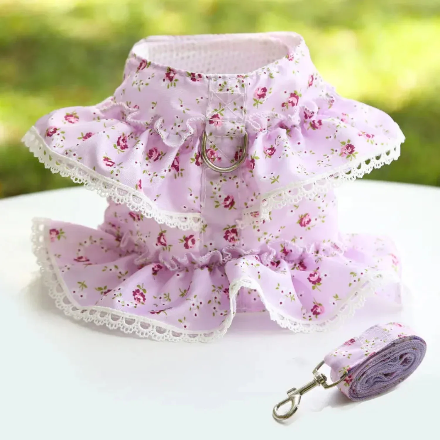 Fashionable, Stylish, and Comfortable Floral Printed Lace Harness Leash Set - Adorable Breathable Mesh Puppy Vest - Adjustable P