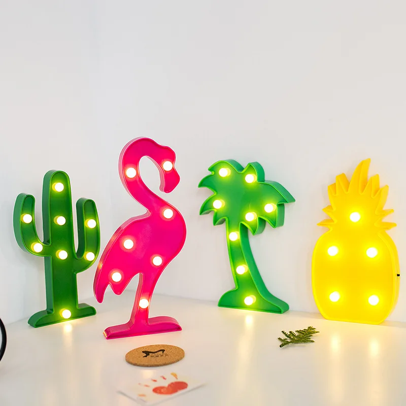 flamingo Pineapple Shaped Battery Operated Night Light Green Plastic Cactus Mini Table Lamp Wall Mountable Suitable For Bedroom