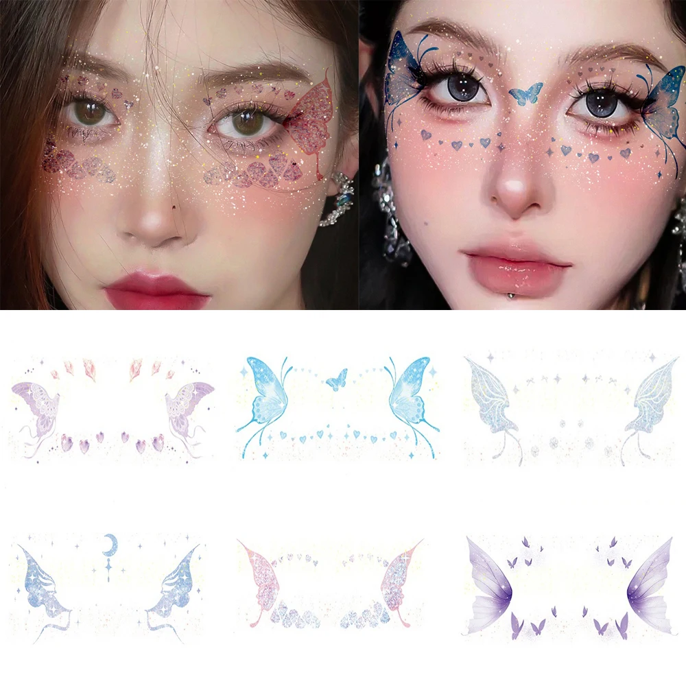 1pc Glitter Butterfly Eye Stickers Mermaid Scale Fairy Tattoo Stickers Waterproof Temporary Transfer Decals for Party/Festival *
