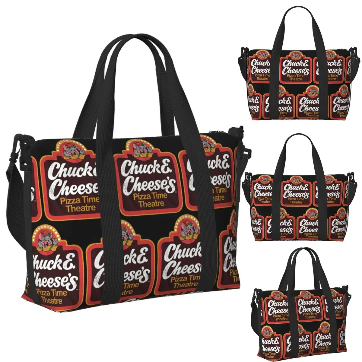 

Chuck E Cheeses Pizza Time Theater Beach Travel Bag Large Capacity Tote Bags for Gym Yoga Women Shopping Duffle Shoulder Bag