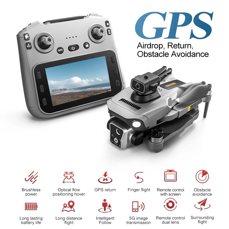 8K Aerial 4.5in Screen Auto Airdrop GPS Return WIFI FPV RC Drone 5G Brushless Obstacle Avoidance Remote Control Quadcopter Model