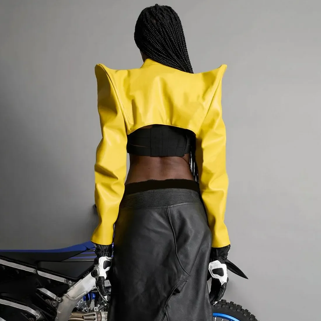 Cool racing driver lemon yellow jacket three-dimensional pointed corner design zipper leather short jackets for women clothes