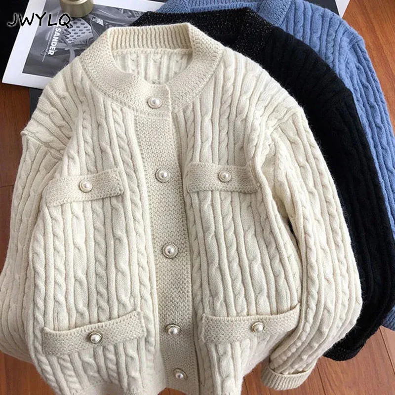 Elegant Button V-neck Women Cardigans With Pocket Harajuku Knitted Coat Korean Fashion Knitwear Tops Female O-neck Outwear Tops