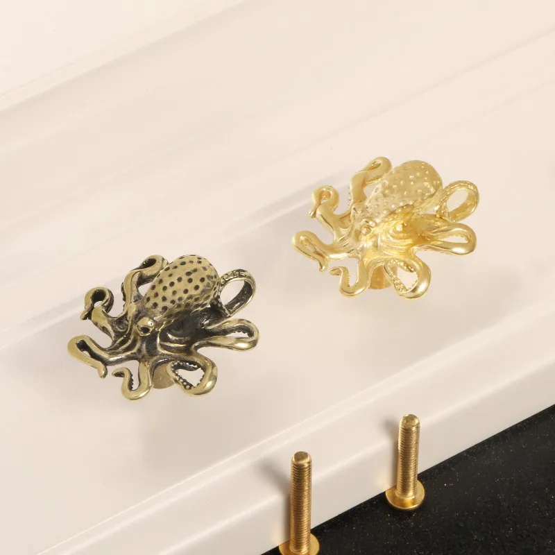 2pcs New Chinese Octopus Brass Cabinet Pull, Marine Animal Creative Decor Hook, Metal Drawer Door Handle