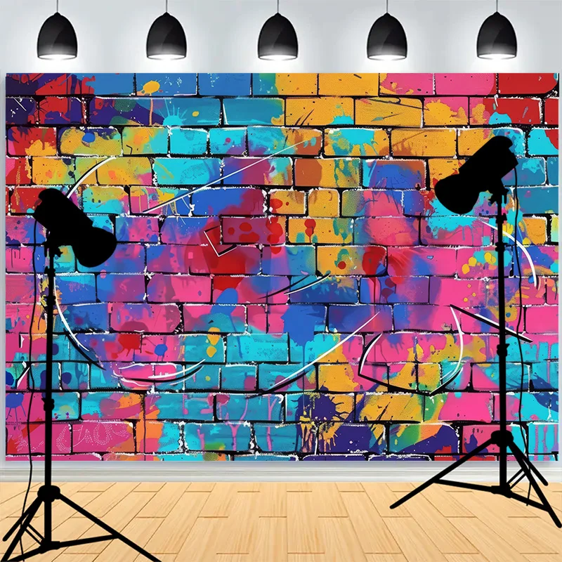 

Abstract Neon Rainbow Painted Brick Wall Background Damaged Rustic Texture Vibrant Graffiti Grunge Photography Backdrops BK-05