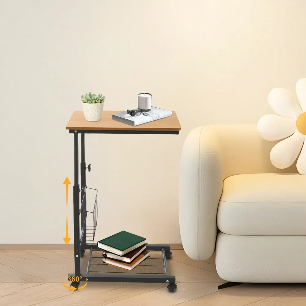 

Set Of Freestanding Carbon Steel Rolling Height Adjustable Bed Side Table With Wheels And Wooden Top, Movable Computer Desk Bed