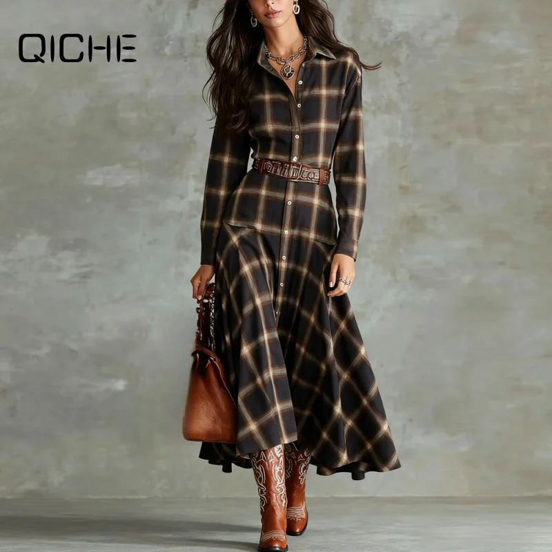 QICHE 2026 Fall Winter New Women Vintage Plaid Long Sleeve Shirt Dress, Elegant Tartan Midi Dress