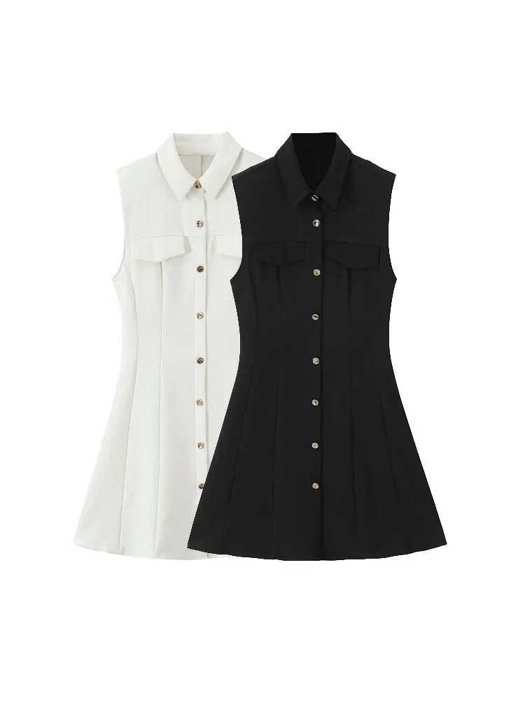 Fanan Women Fashion With Flaps Front Button Mini Dress Lapel Collar Sleeveless Female Dresses Vestidos Mujer