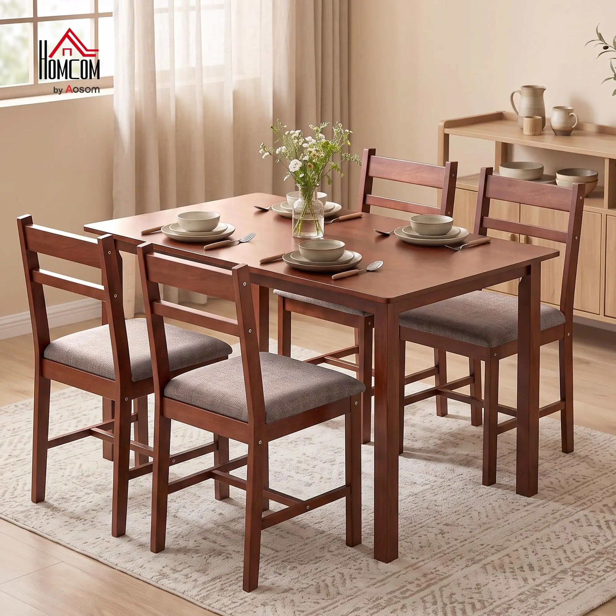 5-Piece Solid Wood Dining Table Set for 4, Light Brown and Brown