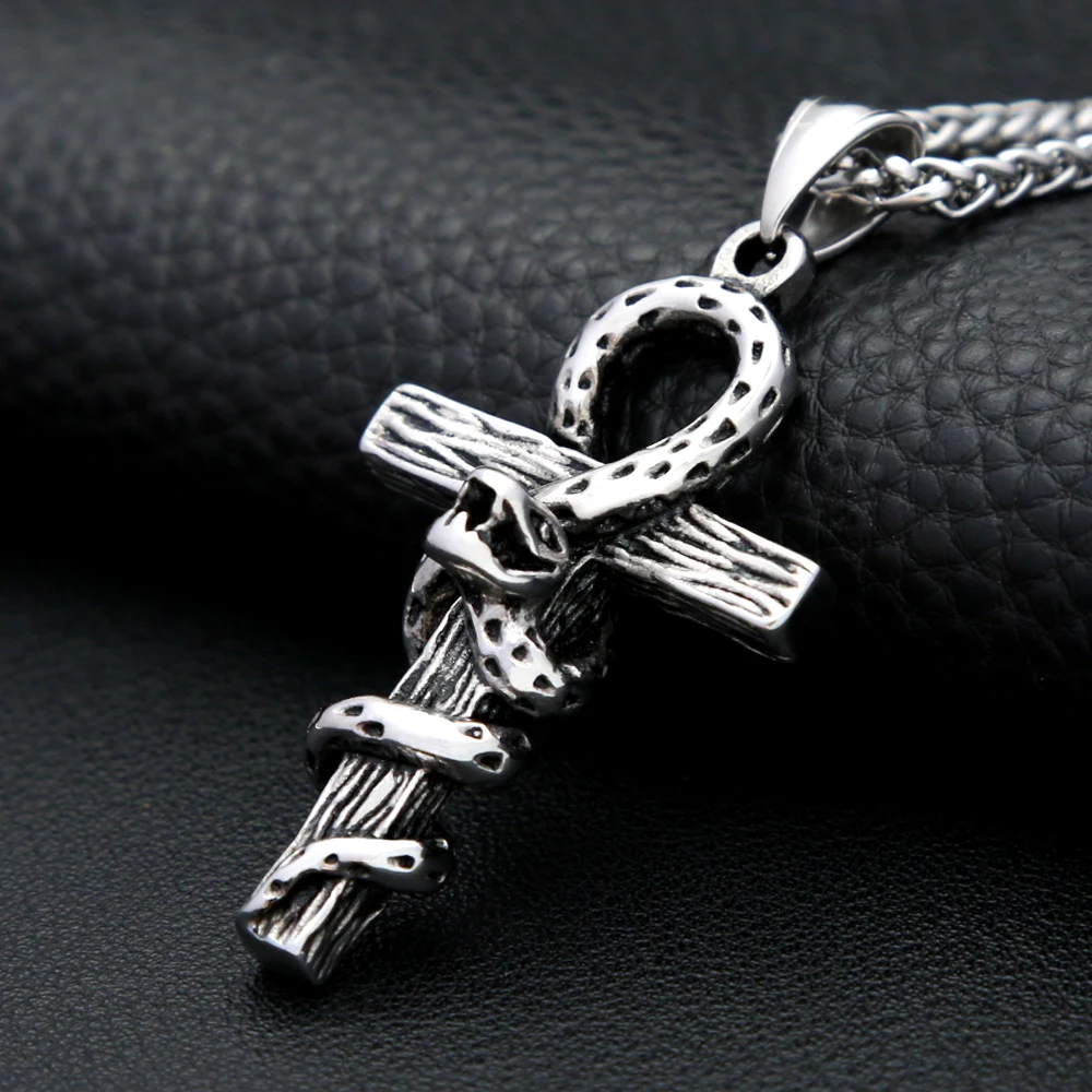 Vintage Punk Snake Cross Pendant Stainless Steel Anka Necklace For Men Women Fashion Unique Amulet Jewelry Gifts Dropshipping