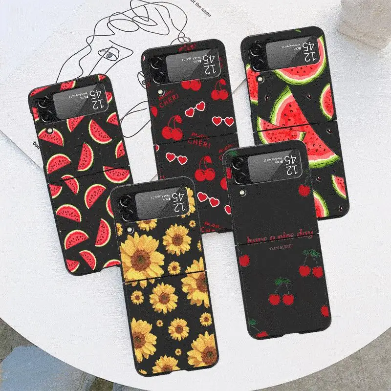 

Case for Samsung Galaxy Z Flip 4 3 5 5G Flip Shockproof Capa 6.7 Inches Black Hard PC ZFlip 4 Phone Cover Summer Pink Cherry