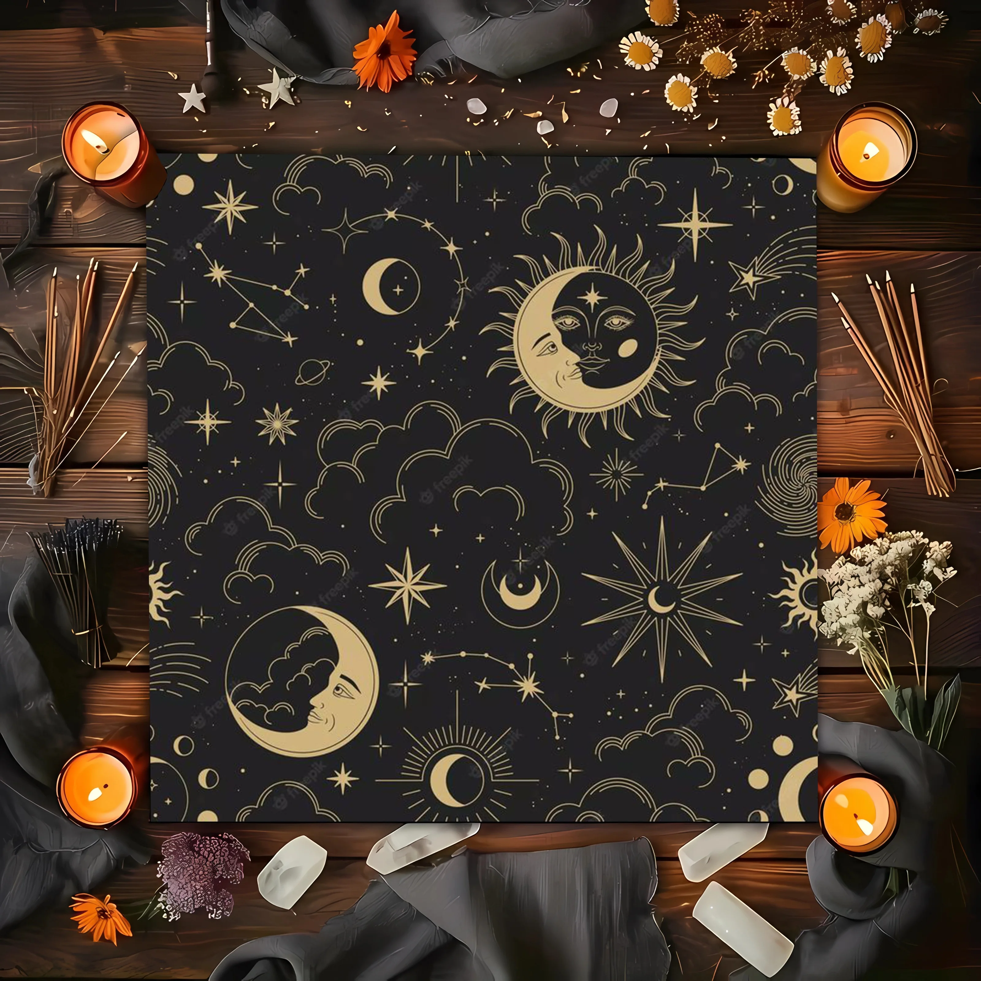 Black‑Gold Celestial Sun Moon Stars Altar Cloth, Mystical Cosmic Design for Meditation,Parties,New‑Age Rituals,Mystic Home Decor