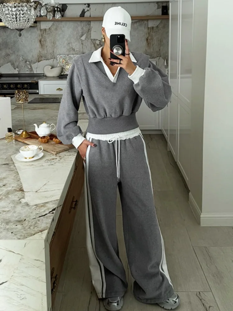 Conjunto de ropa deportiva informal para mujer, sudadera de invierno con Color lateral, pantalones largos, traje con cuello versátil
