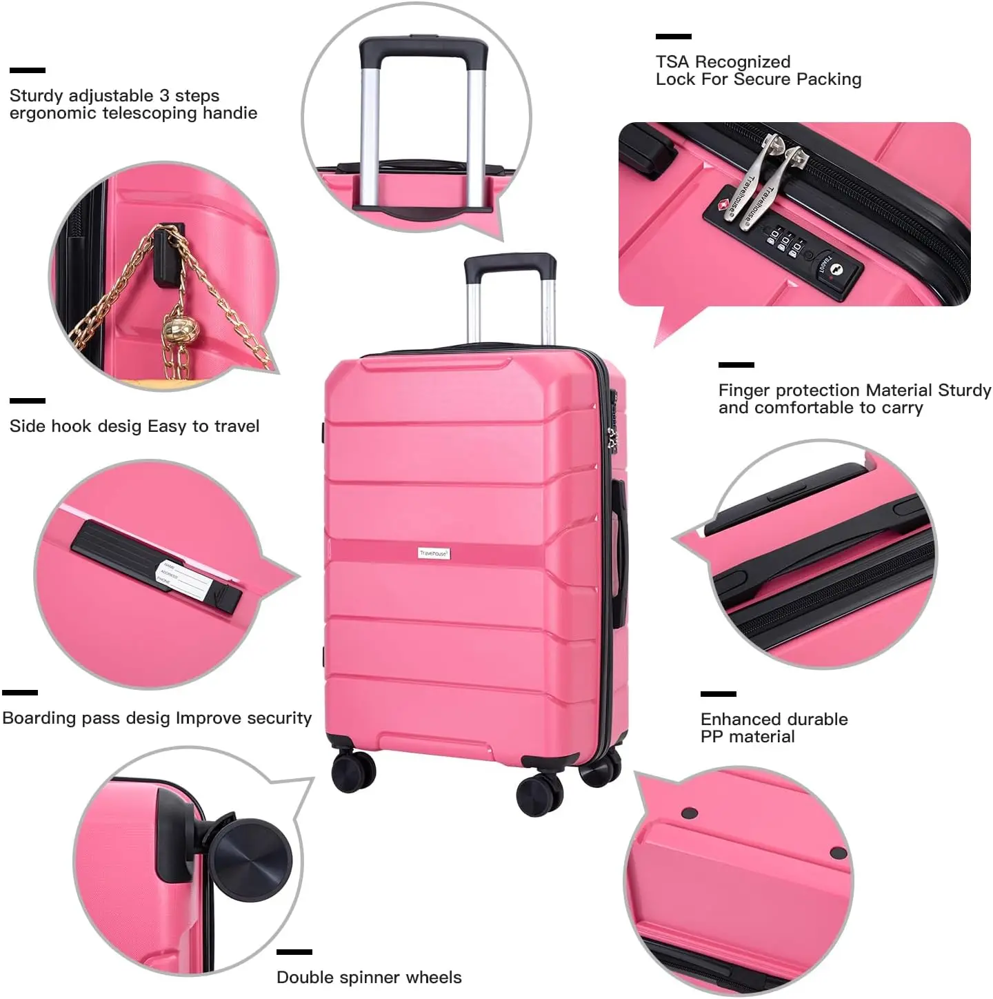 Travelhouse-Hardside Spinner Roda Conjuntos De Bagagem, Pp Suitcase Set, Apuramento Leve Tsa Bloqueio para Viagem, 3 Peça