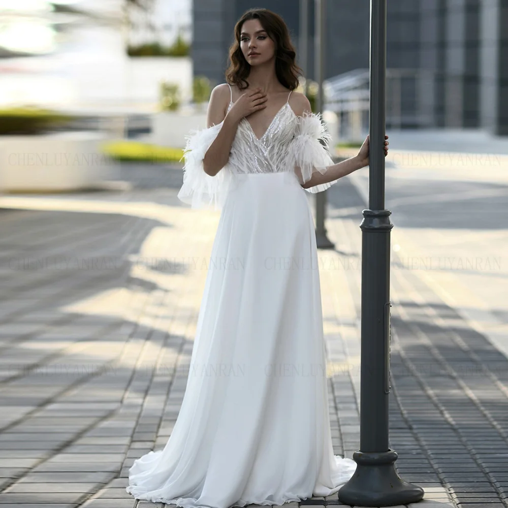 Feather V-Neck Wedding Dresses Spaghetti Strap V-Neck A-line Wedding Bride Dress Backless Dress For Women 2025 Vestidos De Novia