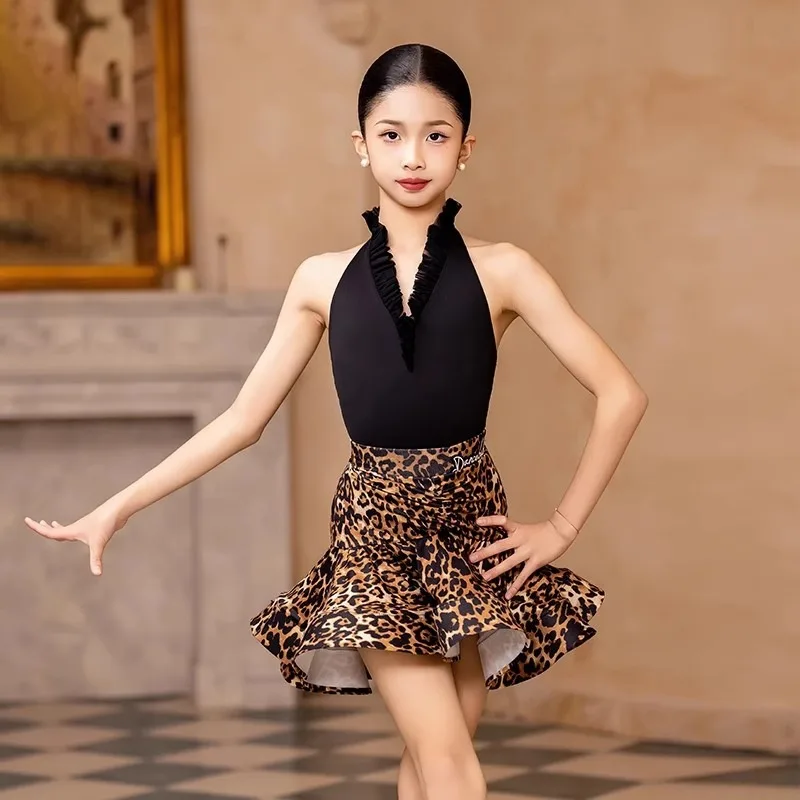 

Customized Girl's Latin Dance Dress Practice Outfit Sleeveless Backless Top Split Leopard Short Skirt Performance Suit Clothing