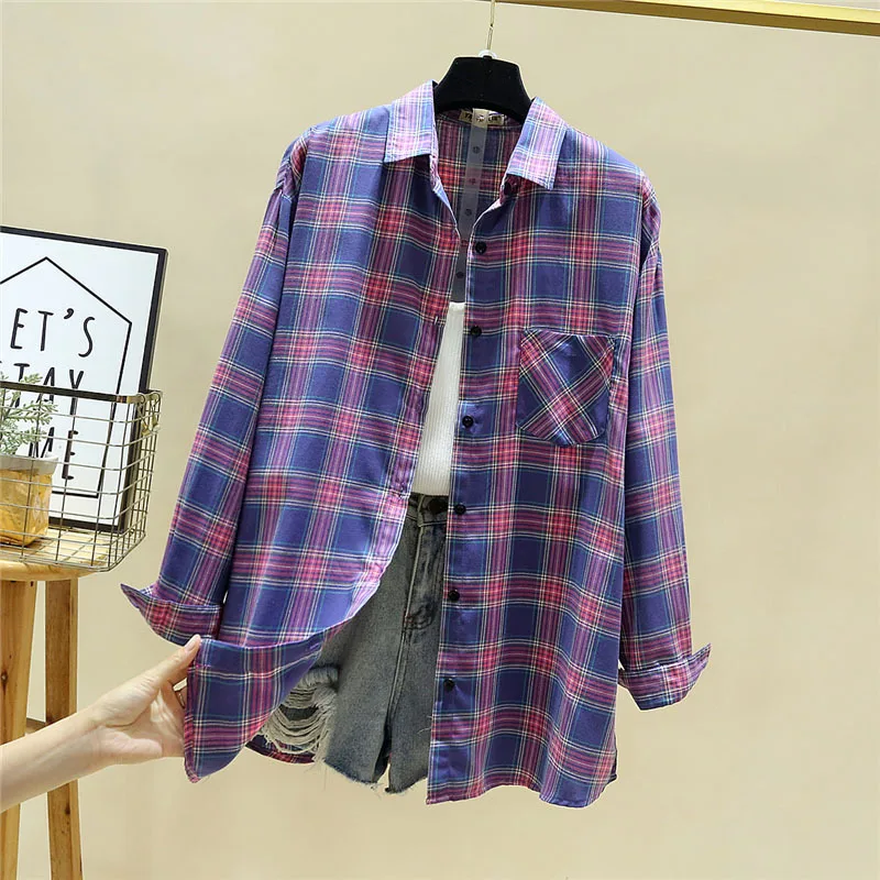 2024 New Casual Loose Women Plaid Shirt Lady Blouses Long Sleeve Shirts and Tops Oversized Female Cotton Checked Clothes