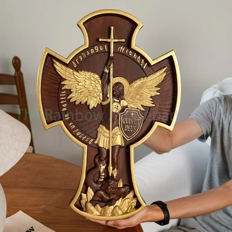 Saint Michael Archangel Cross Statue Patron Saint, Religious Figure, Home Wall Decor, Wooden Christian Gift