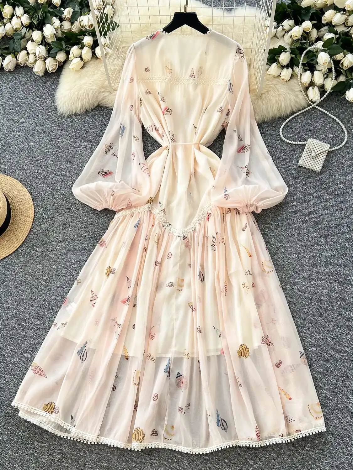 Frauen Französisch Vintage Lange Kleid Palace Stil Spitze Patchwork Träger Laterne Ärmel Floral Lange Kleider Damen Party Lange Robe