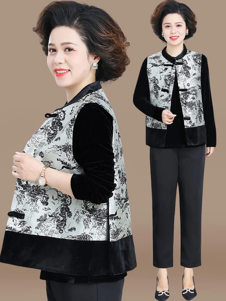 

New Chinese Sle Velvet Vest Set Women's Faionable Middle-Aged And ly Small irt Top Spring Autumn Outerwear