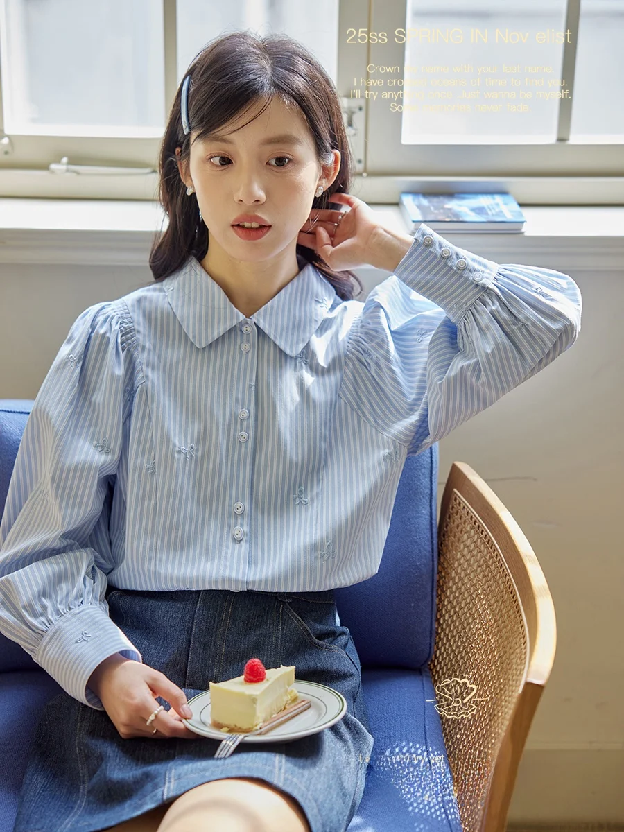 

Nov Et Vintage Plaid Long Sve Women's irt Blue Stripes Bubble Sve Cotton Polyester Blend Comfortable Breathable