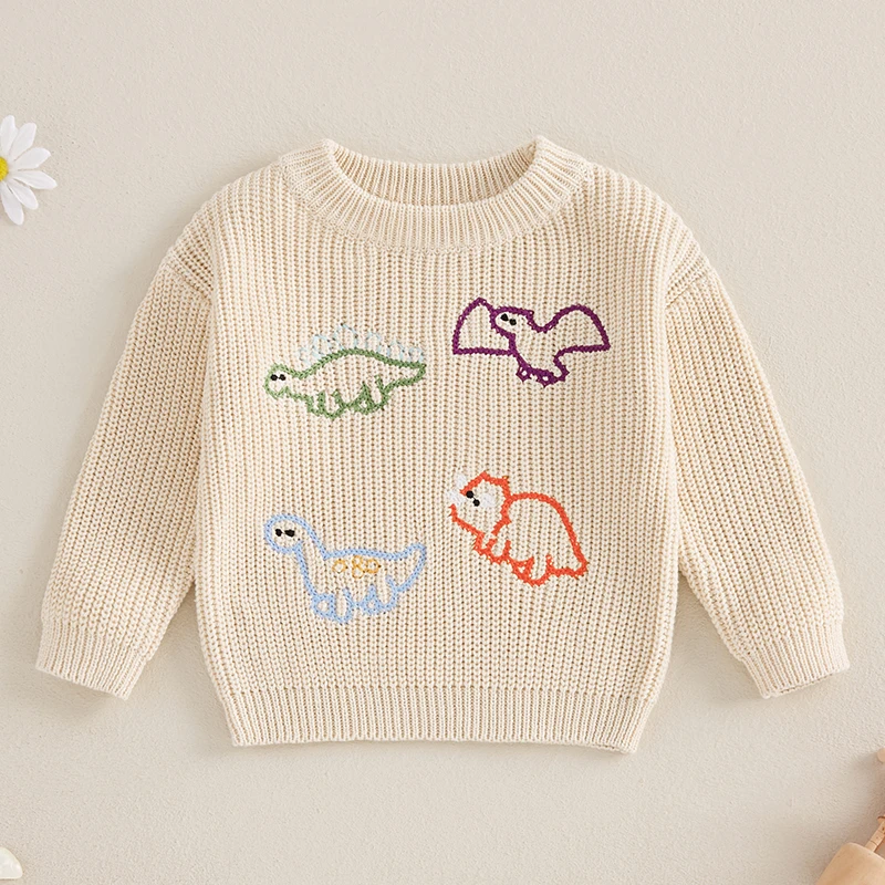 

SUNSIOM Baby Boy Sweater Casual Cute Dinosaur Embroidery Warm Knitted Long Sleeves Pullover Infant Knitwear for Toddler