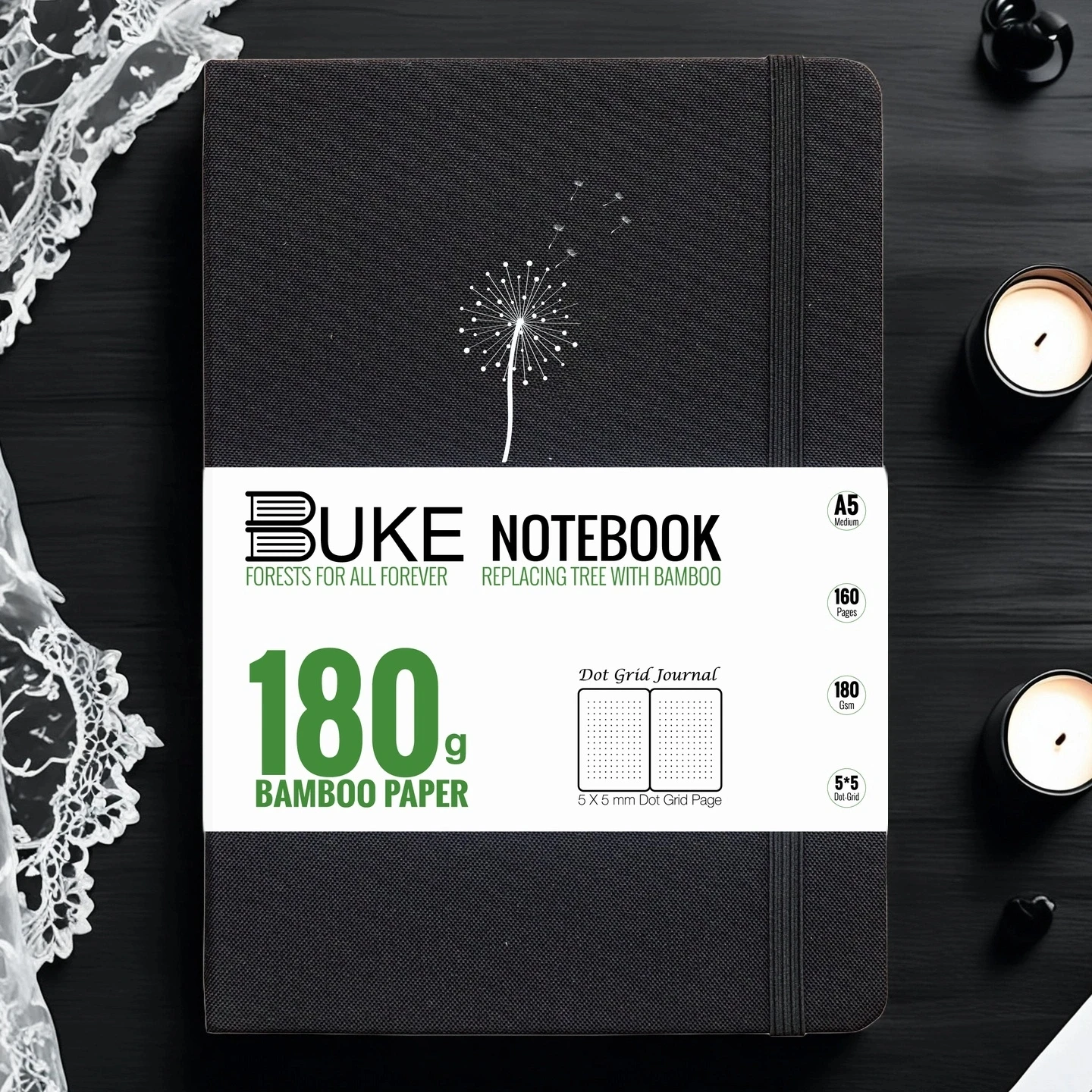 BUJO A5 Dotted Journal – Hardcover-Notizbuch, silberne Kanten, 180 g/m2 Bambuspapier, 160 Seiten, 3 Bänder, Tasche