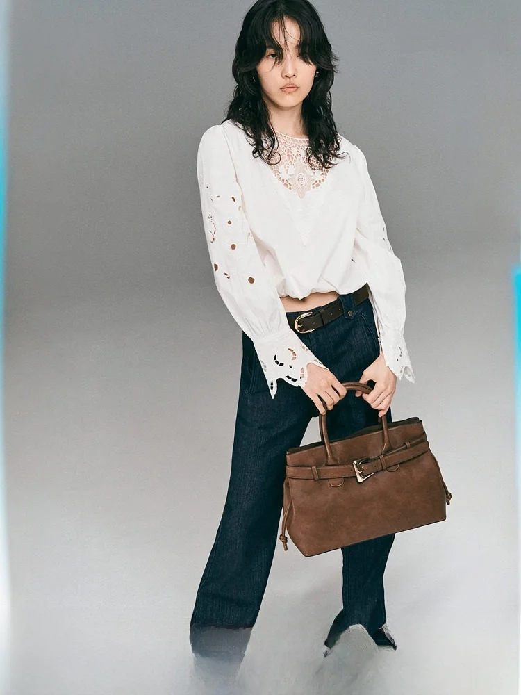 

Женская хлопковая рубашка с завязками на талии, длинными рукавами, весенним дизайном и круглым вырезом, повседневный топ от H&M 38232