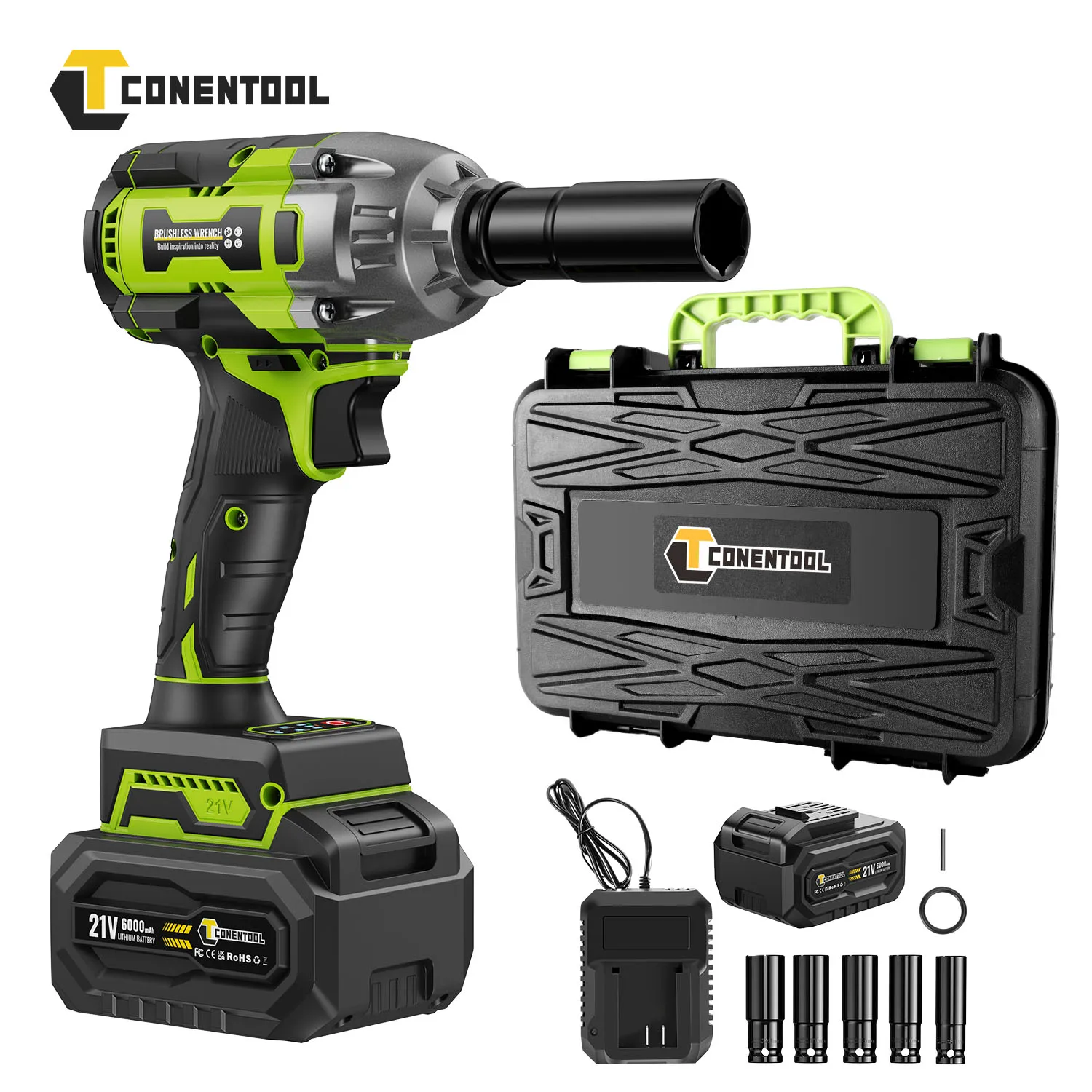 CONENTOOL 21V Cordless Impact Wrench, 1/2” Brushless Motor, 6000mAh Lithium Battery Drill, 520Nm Torque for Car and Home DIY