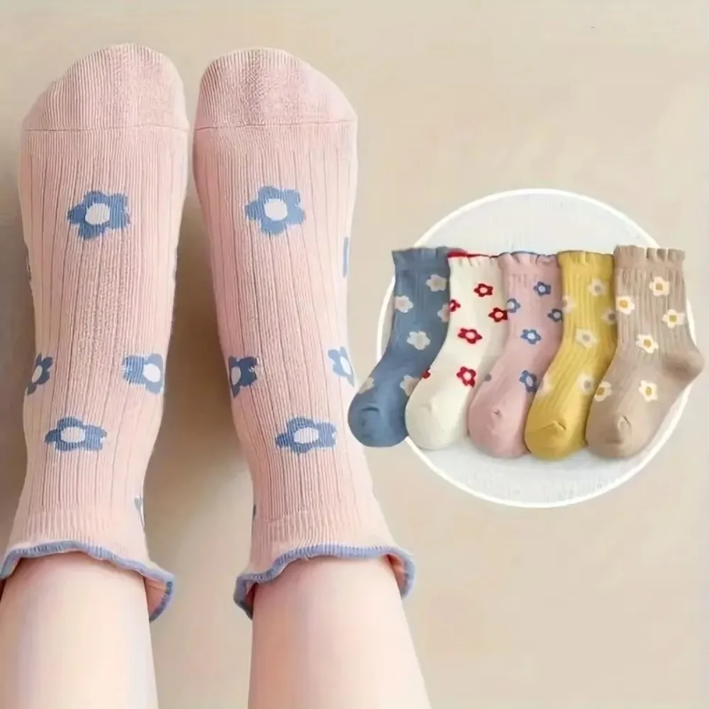 5 Pairs 5 Pairs Pack Kids Crew Socks Floral Print Soft Breathable Cotton Ruffle Cuff Socks Ruffle Cuff Crew Length