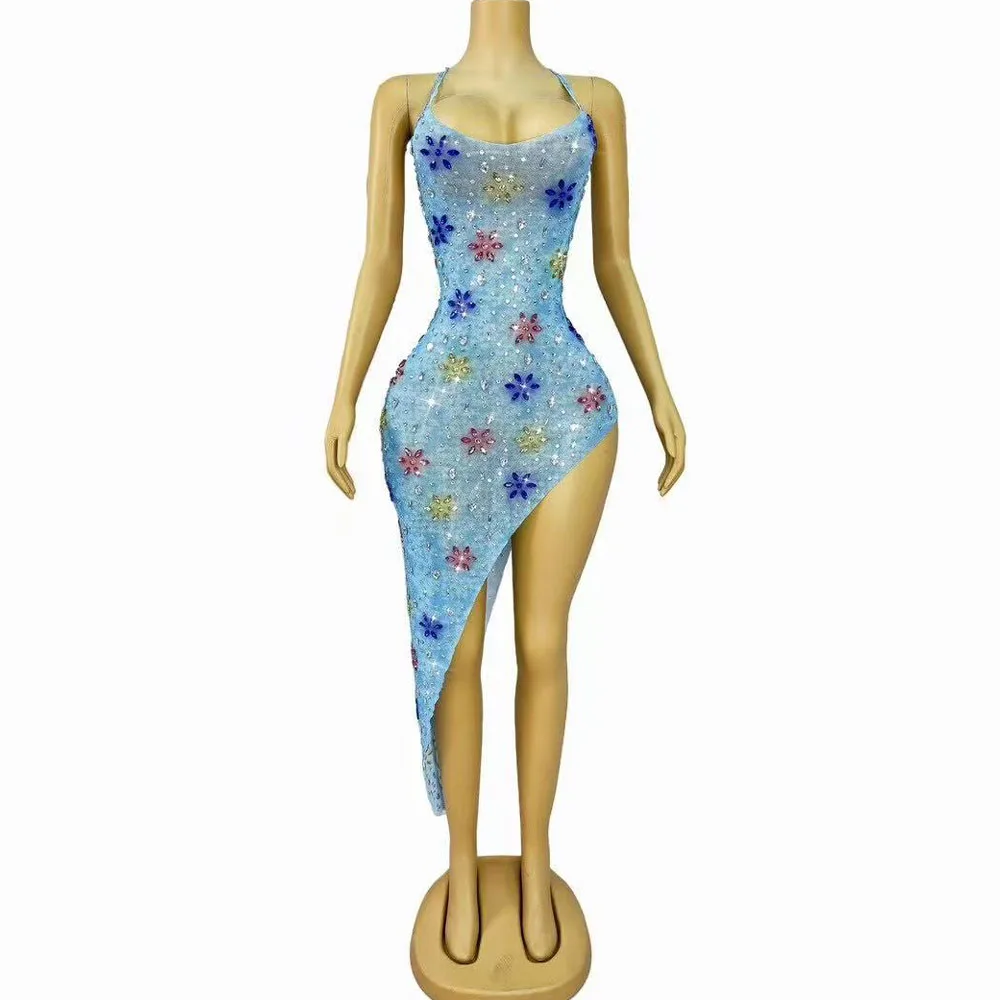 

Sexy Shiny Rhinestones Sleeveless Split Irregularity Dress Birthday Celebrate Evening Gown Fashion Show Photoshoot Stage Outfit