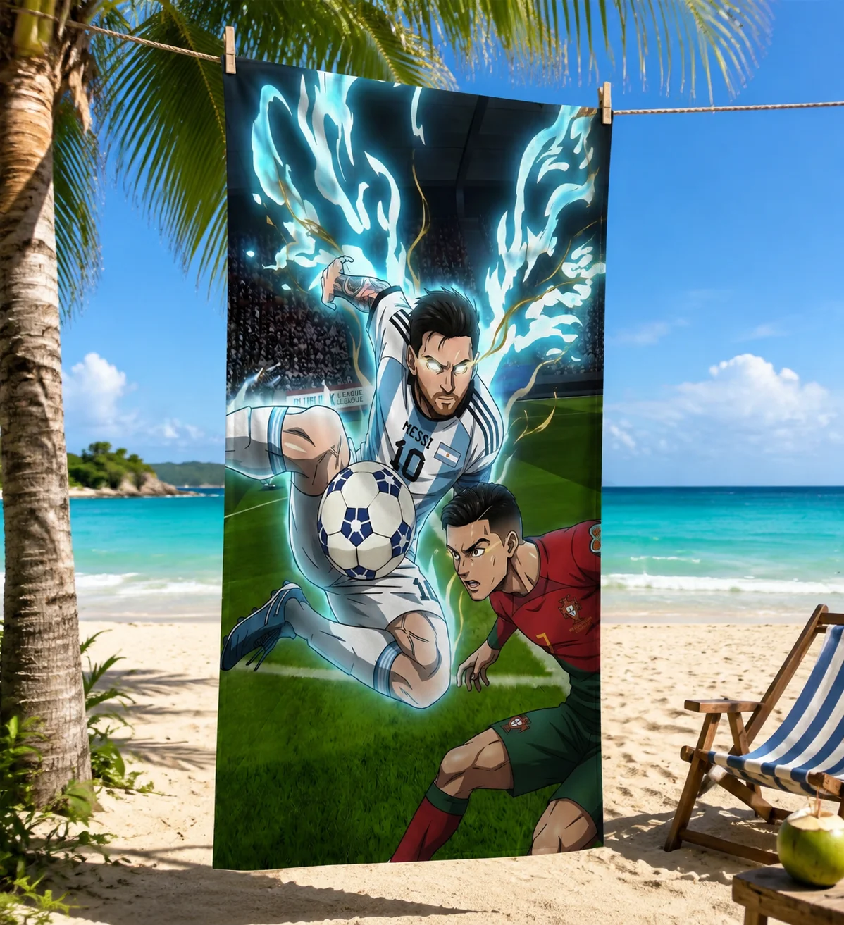 Messi vs Ronaldo Anime Football Beach Towel, Soccer Legends Lightning Battle Microfiber Quick Dry Sand-Free Mens Swim Towel