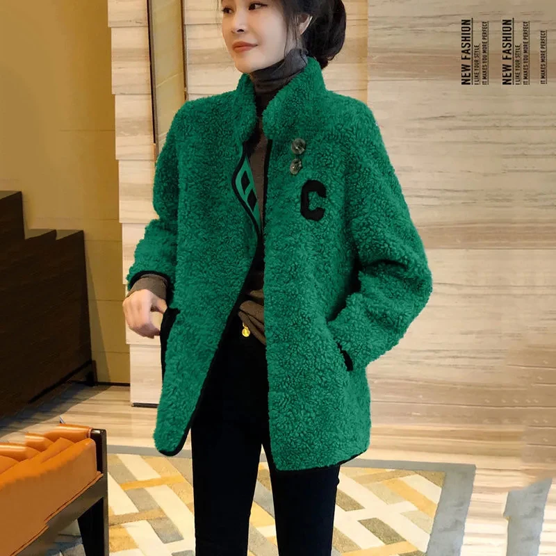 Fashion Women\'s Jackets Spring Autumn New Green Letter Imitation Lamb Wool Jacket Loose Thickening Casual Female Outerwear Top