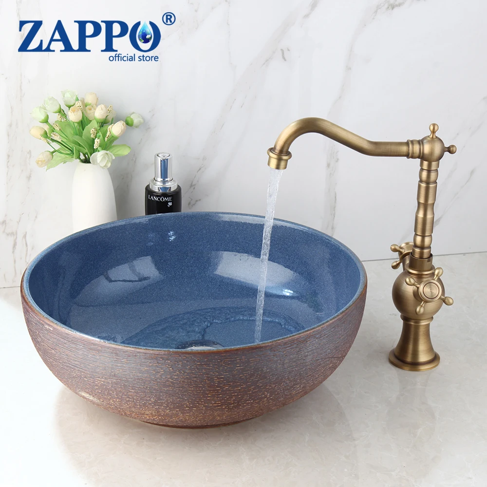 ZAPPO Bathroom Blue Ceramic Basin Faucets Sets Basin Antique Brass Tap Bathroom Sink Washbasin Bath Mixer Set Flower Pattern