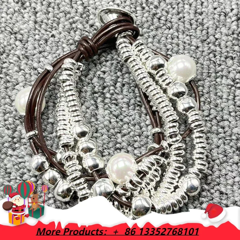 

2025 Европейская и американская мода для девочек, многослойный кожаный браслет из веревки с жемчугом и бисером, женский подарок