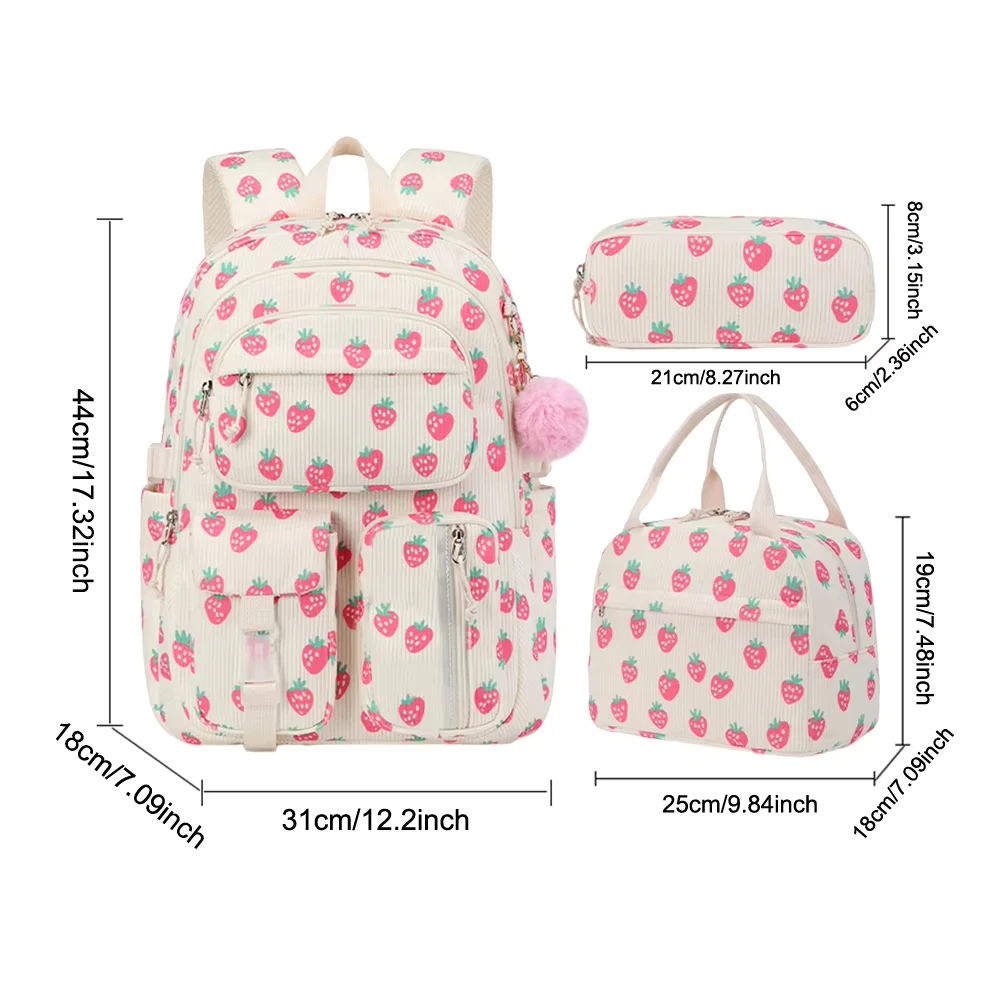 3 قطعة حقيبة ظهر للكلية سروال قصير مع حقيبة الغداء مقلمة لطيف فتاة مدرسة الفراولة طباعة حقيبة الكتب Daypack مجموعة للمراهقات النساء