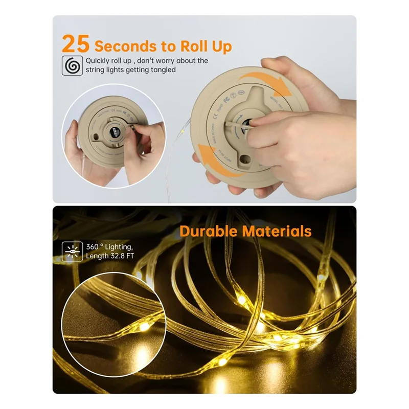 LICE-2-In-1 야외 캠핑 스트링 라이트, 5가지 조명 모드, 텐트, 마당, 장식용 휴대용 Led 캠핑 랜턴(32.8FT)